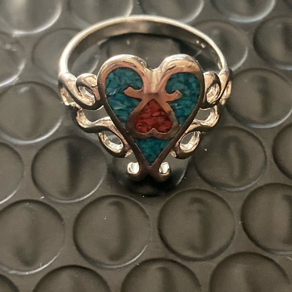 Jewelry - Vintage biker Silver Heart Ring with Blue and Red Accents size 8